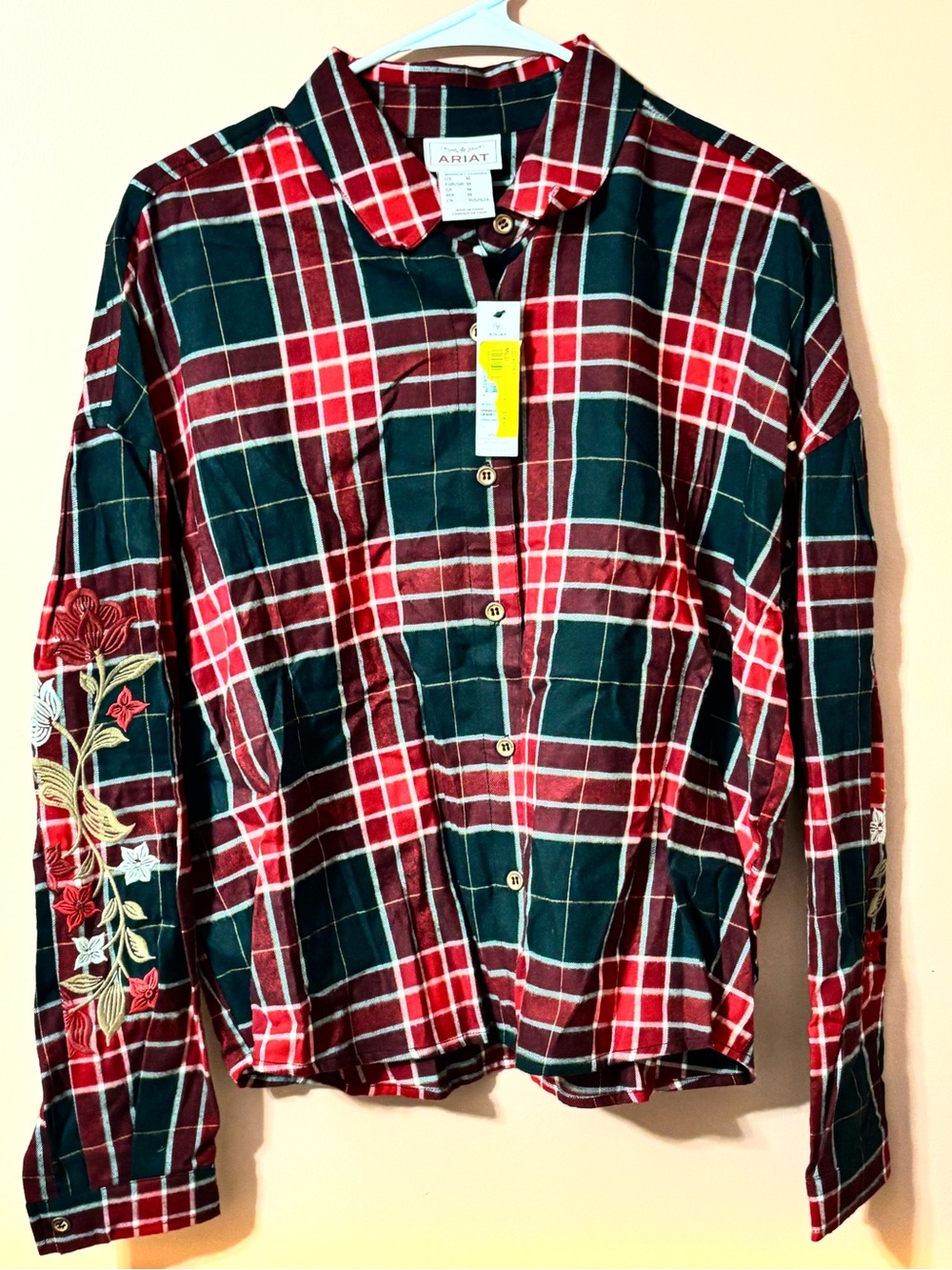 Ariat Red and Black Plaid Button-Down Shirt with Embroidered Sleeve